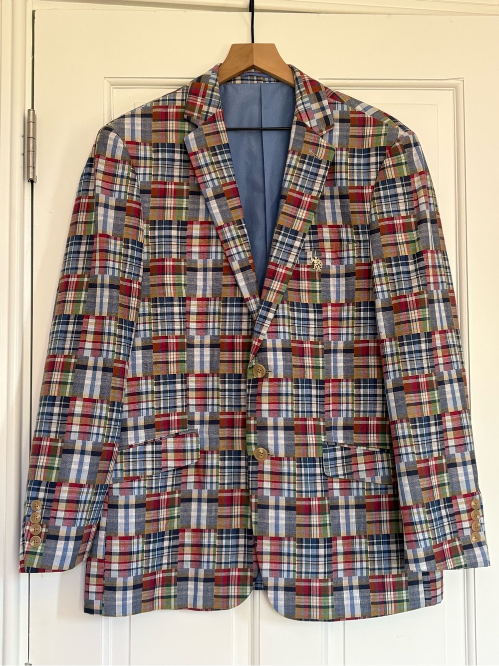 U.S.POLO ASSN Men’s Madras Soft Patchwork Suit Jacket Cotton Sz 40R